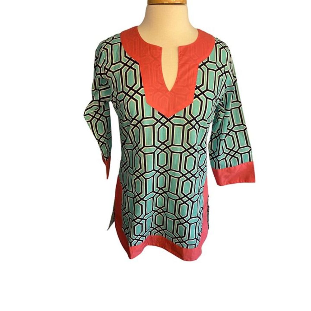 Simply Southern Womens Small Geometric Tunic Turquoise Pink